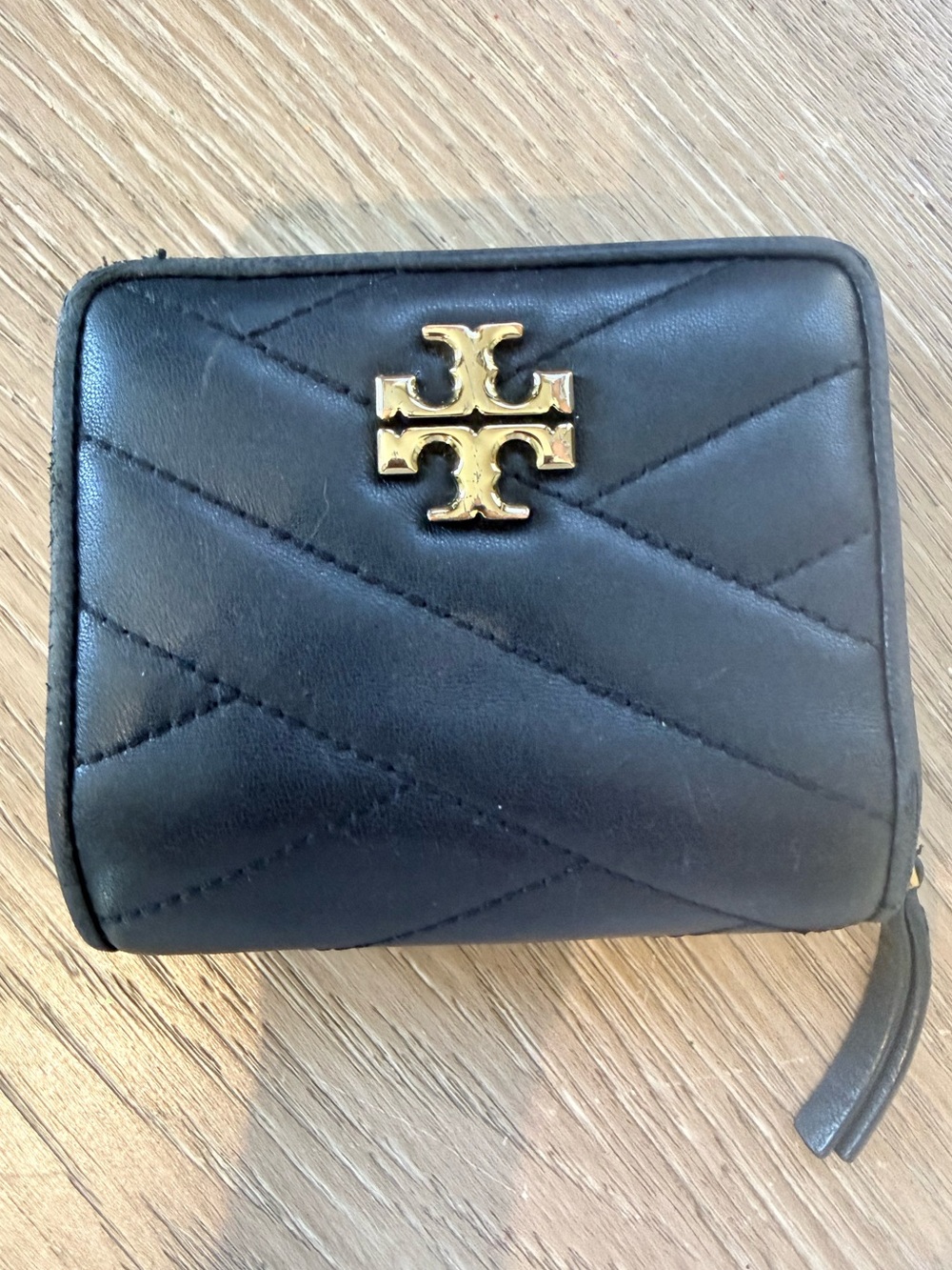 Tory Burch Black Quilted Leather Zip Wallet with Gold Logo